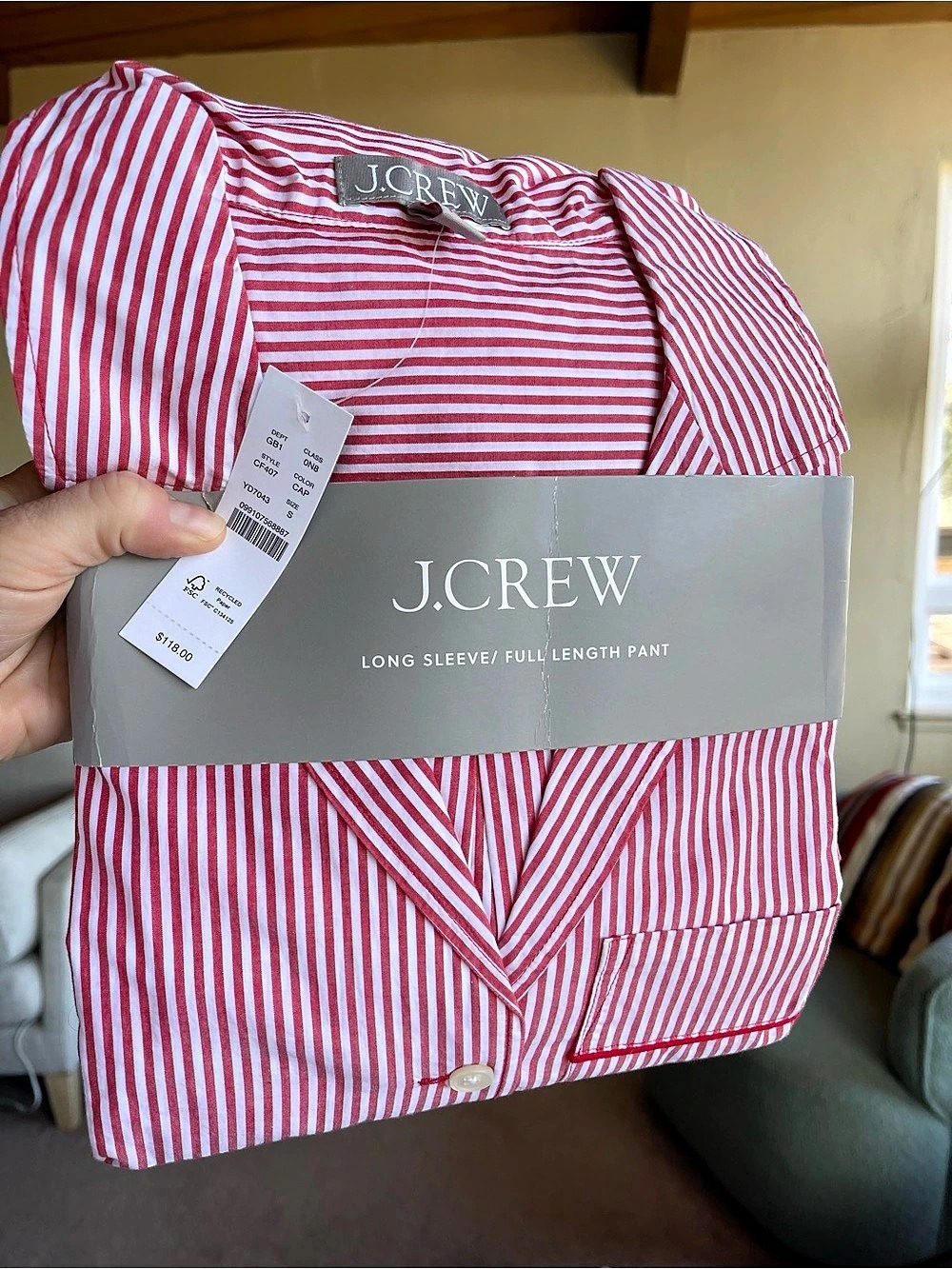 J.Crew Long-Sleeve Pajama Pant Set in Striped Cotton Poplin Red & White Smal
